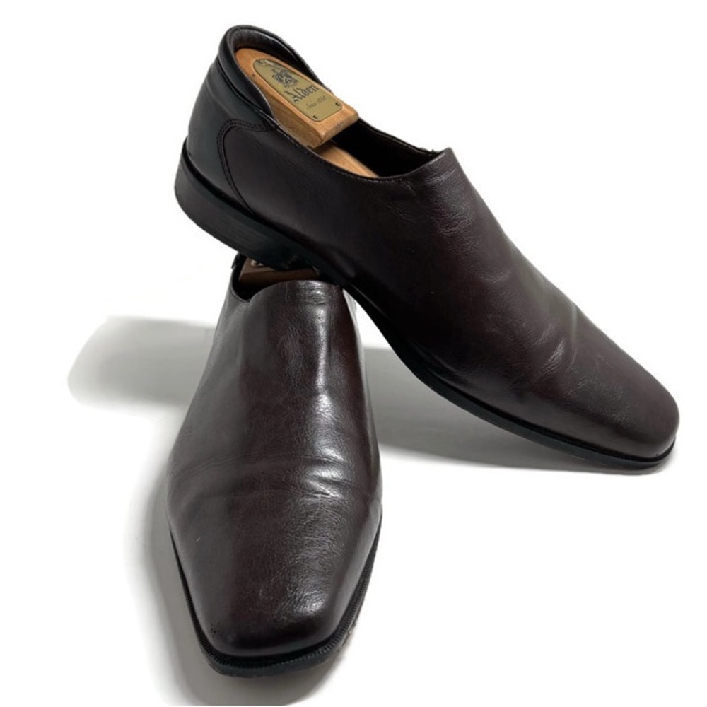 DONALD PLINER BROWN STRETCH LEATHER SLIP ON LOAFERS